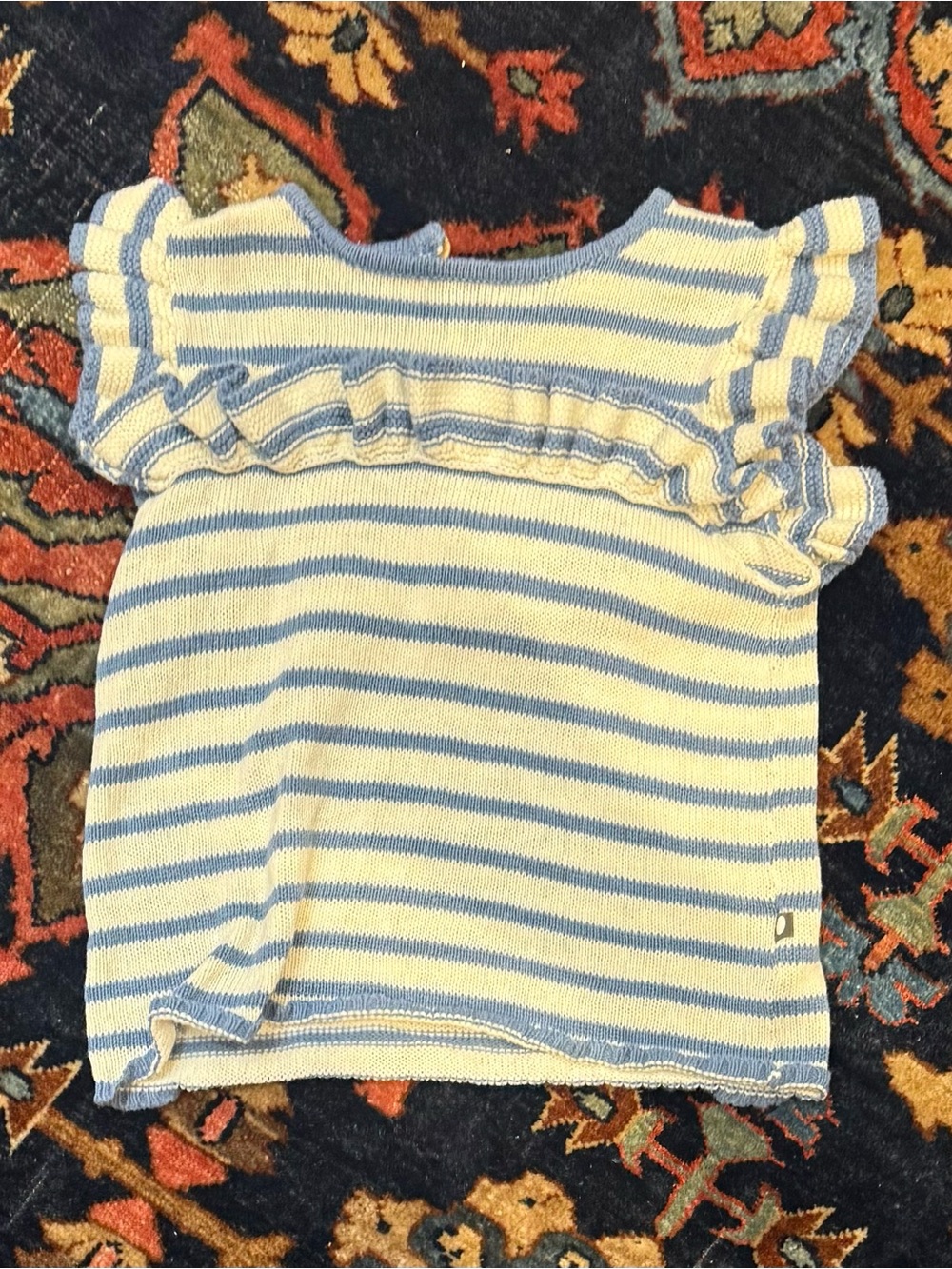 Oeuf Blue and Cream Striped Ruffle Knit Top